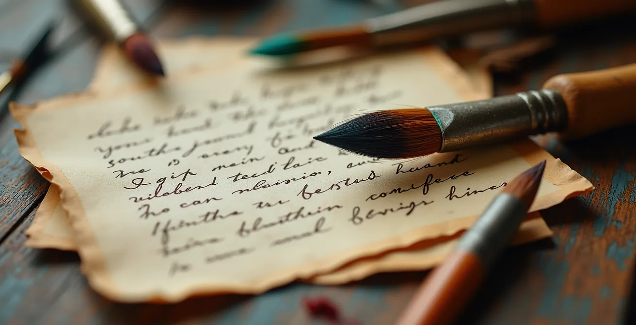 Detalle macro de antiguas cartas manuscritas y pinceles de artista entrelazados sobre mesa de madera