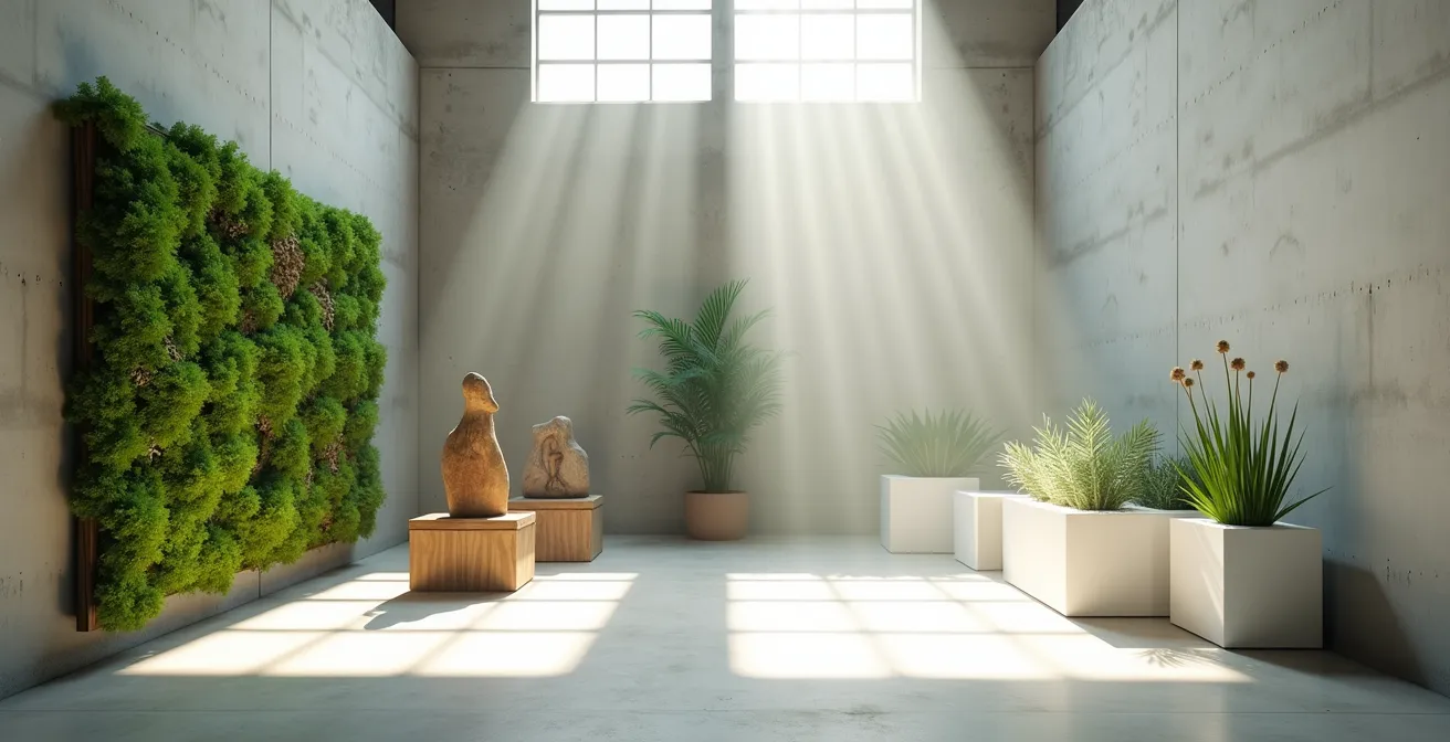 Contraste visual entre arte ecológico genuino y greenwashing en instalación artística