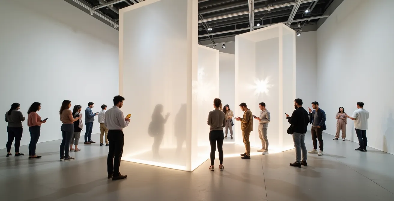 Instalación artística participativa con personas interactuando en un espacio museístico contemporáneo