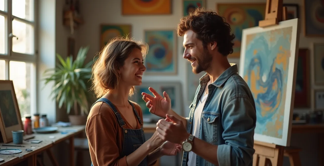 Encuentro íntimo entre artista y coleccionista en estudio de arte con luz natural