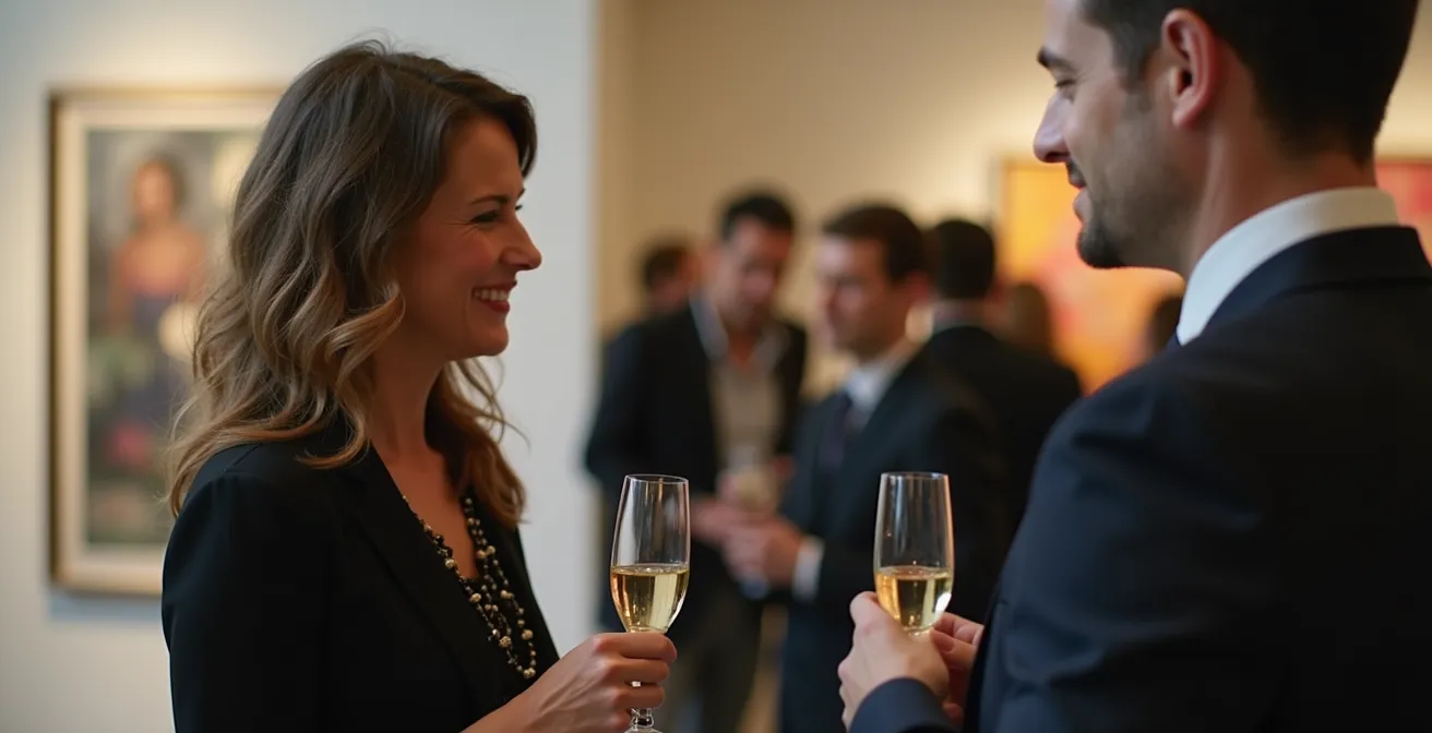 Artista conversando con coleccionista en ambiente de galería durante vernissage