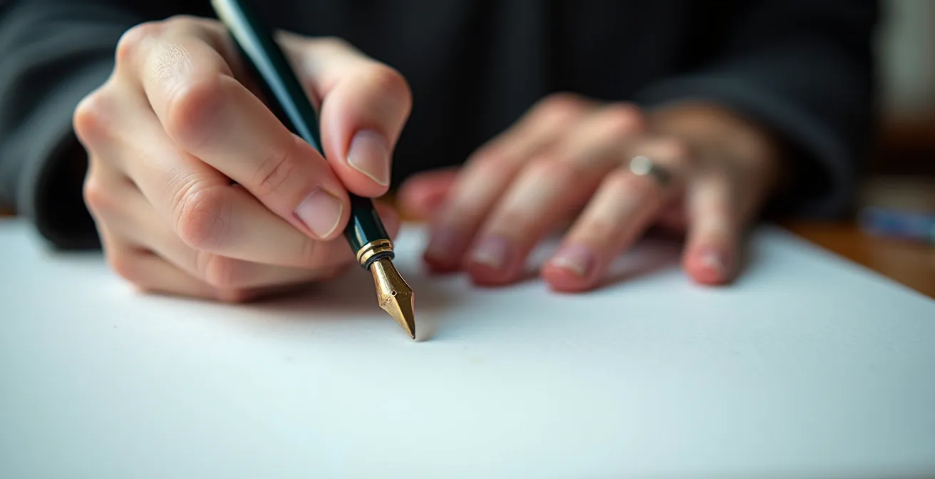 Manos de artista escribiendo statement artístico en estudio con obras al fondo