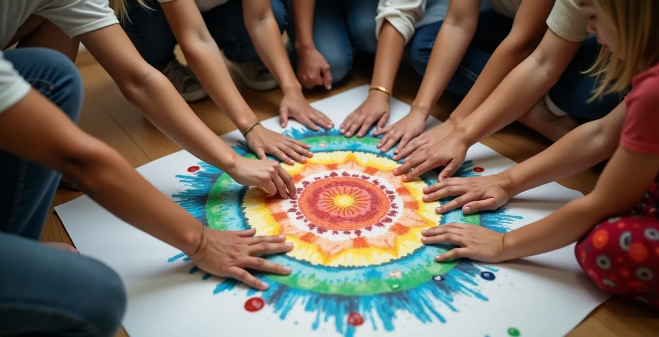 Círculo de personas creando arte colectivo en espacio comunitario