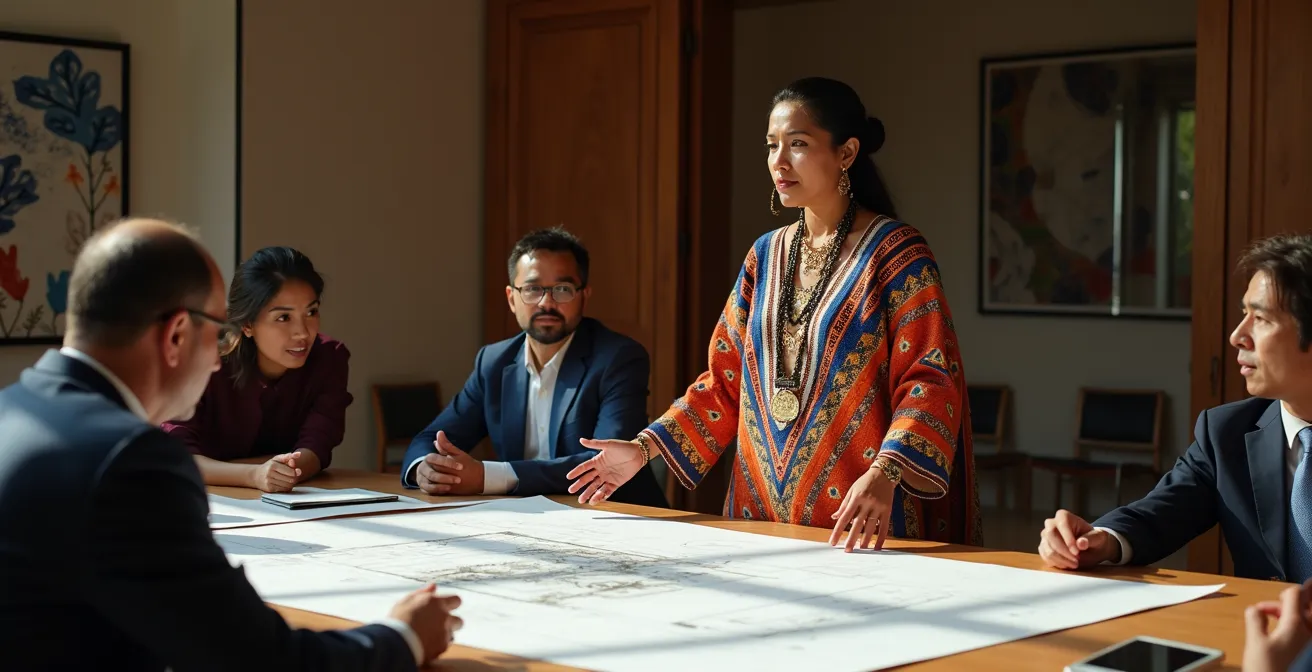 Artista indígena liderando sesión de co-curaduría en sala de museo