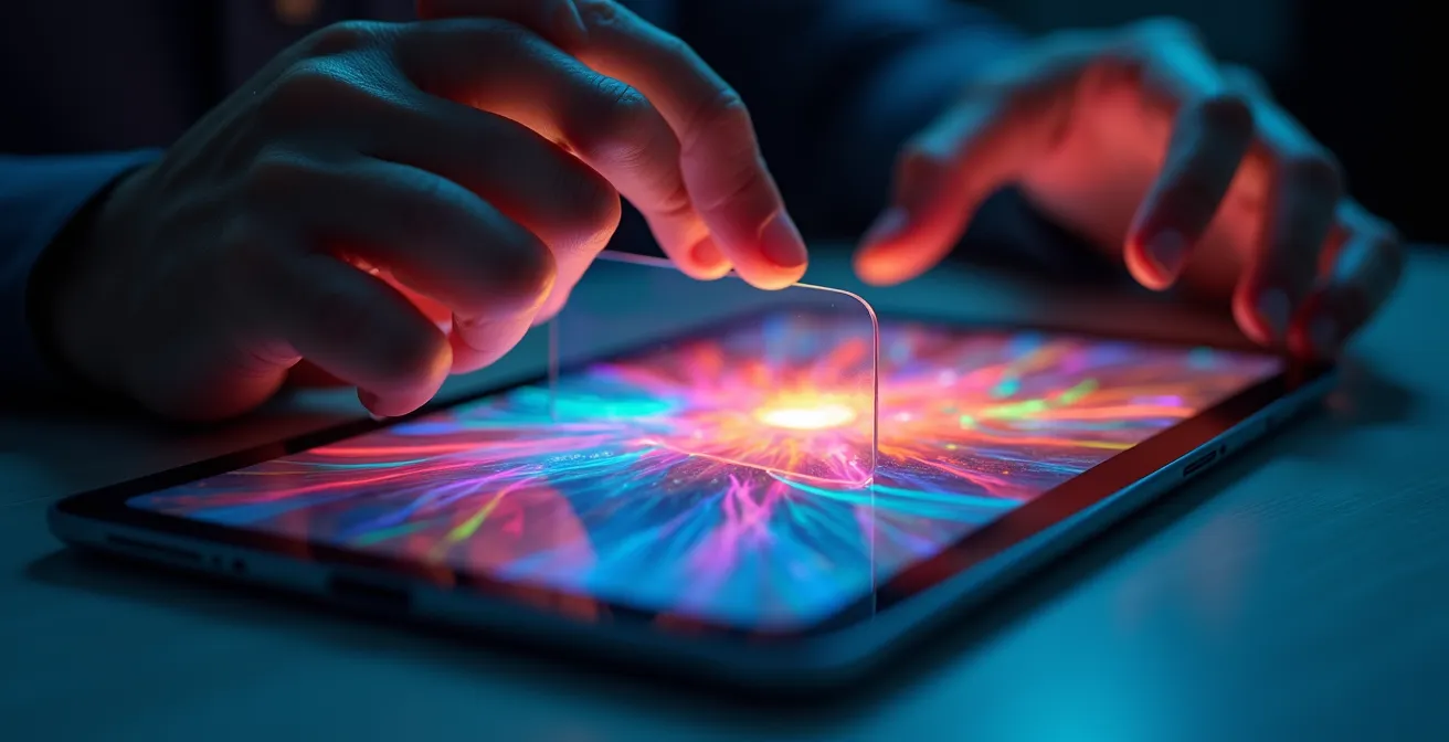 Artista digital aplicando filtros de protección invisible a su obra en pantalla