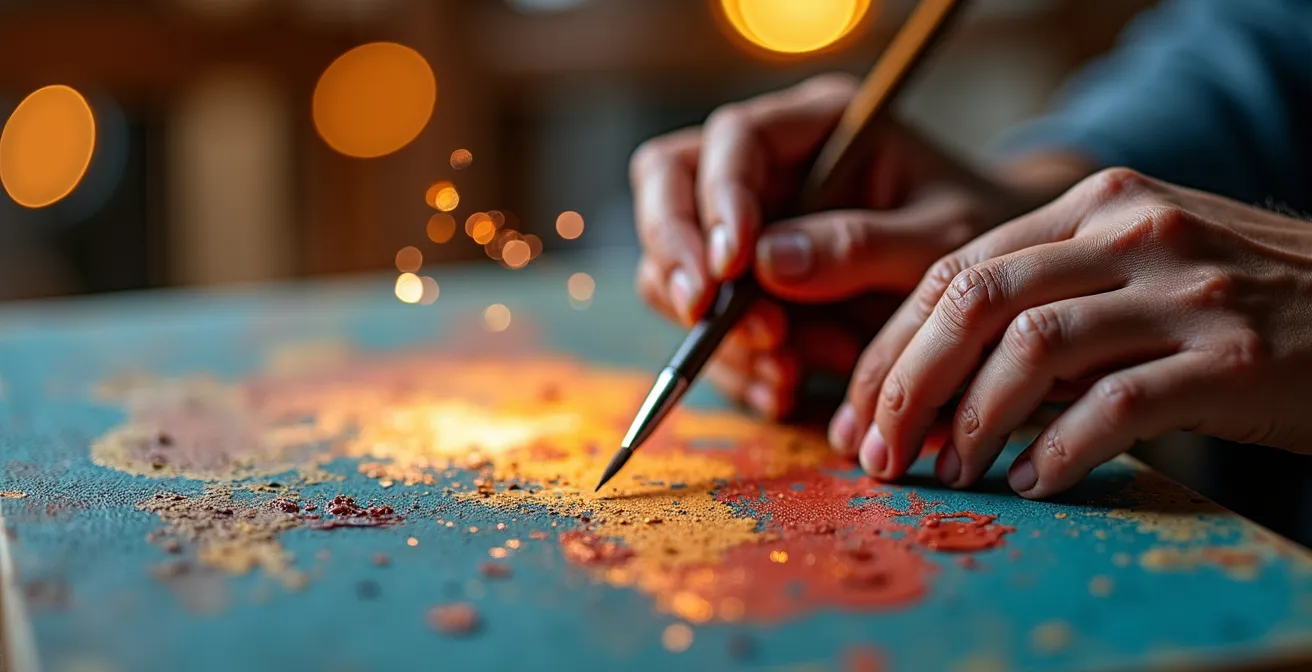 Artista en su taller tradicional con proyecciones holográficas de su obra flotando en el espacio