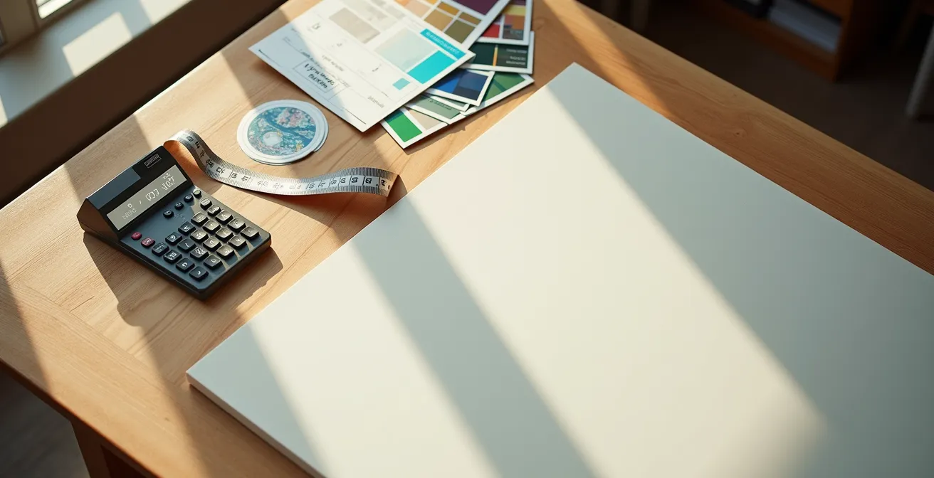 Mesa de trabajo de artista con calculadora y referencias de precios de obras