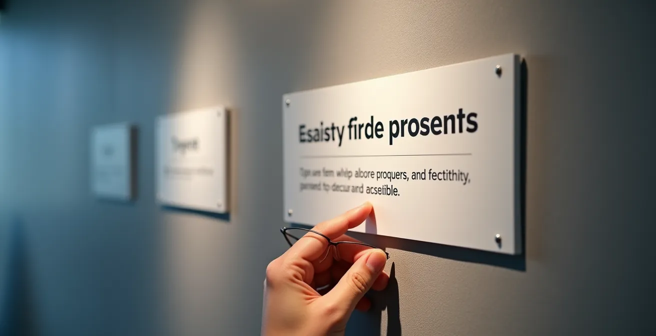 Diseño de cartela de museo con jerarquía visual clara y alto contraste para accesibilidad