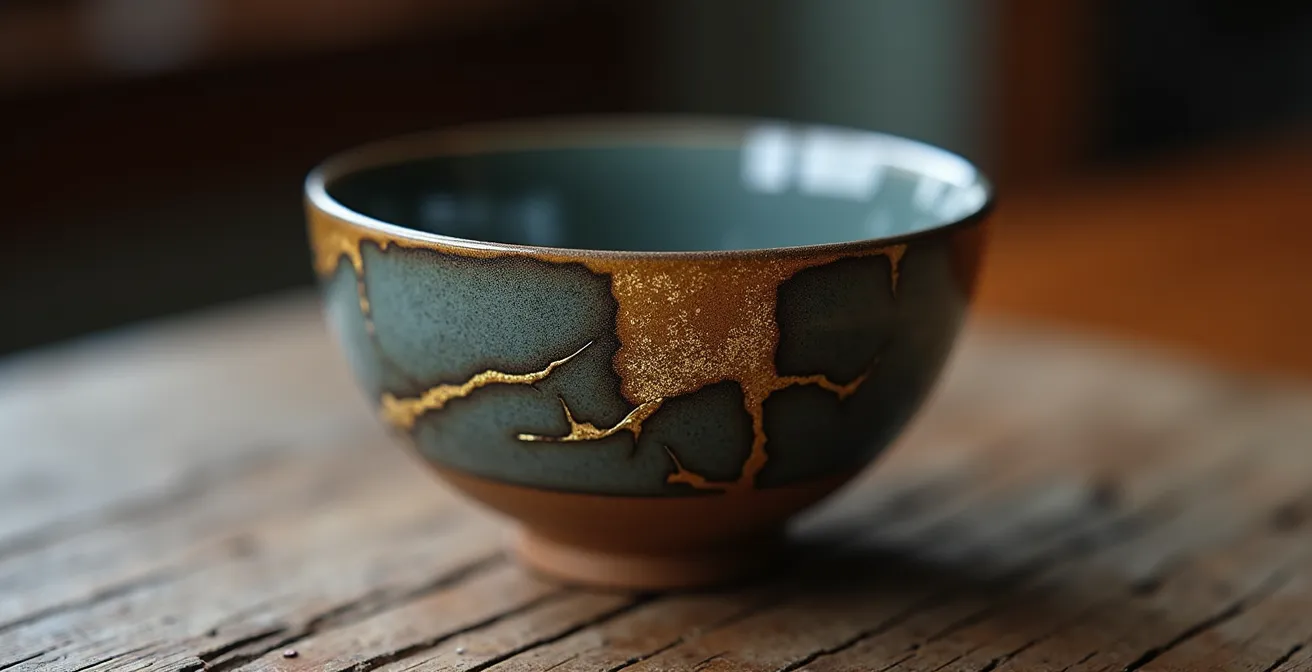 Cuenco de cerámica raku japonés mostrando grietas doradas y textura irregular