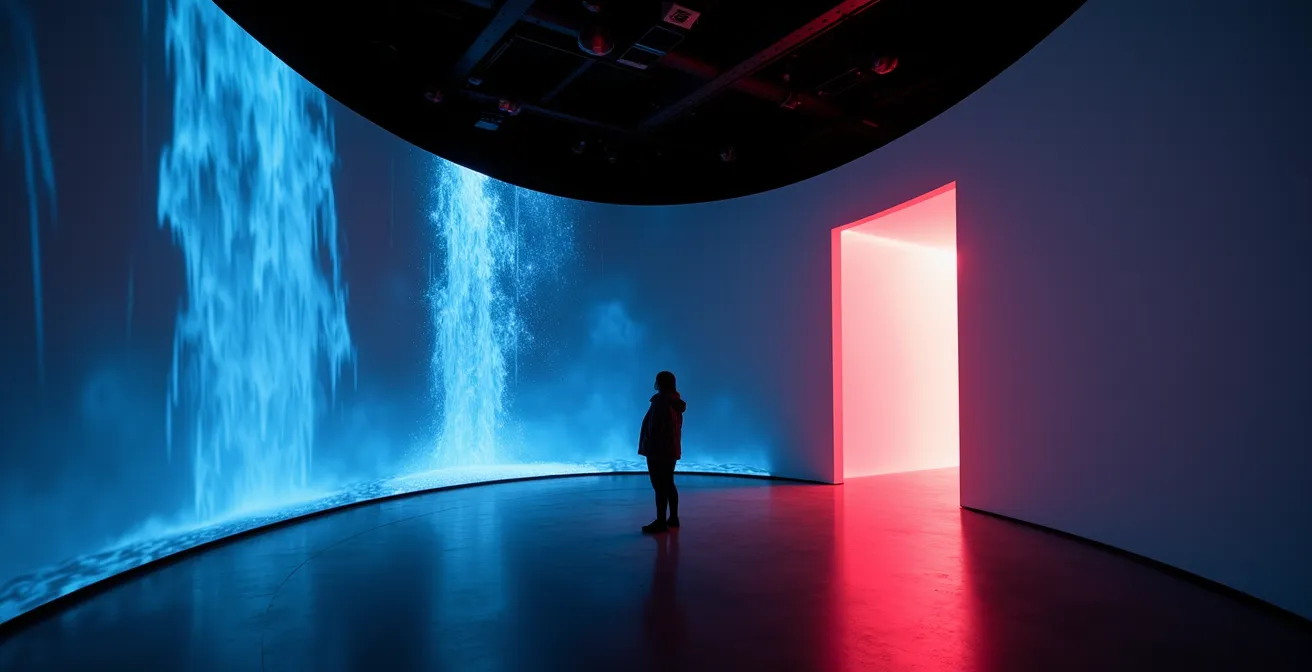 División visual de una sala mostrando mapping proyectado a la izquierda y pantallas LED a la derecha