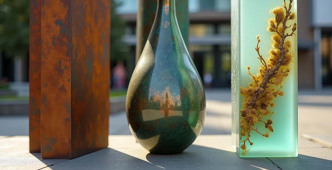 Vista comparativa de tres esculturas urbanas en diferentes materiales bajo luz natural