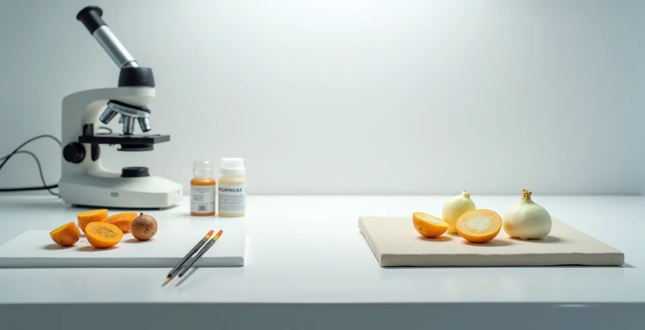 Composición mostrando herramientas profesionales de restauración junto a vegetales, simbolizando métodos correctos e incorrectos