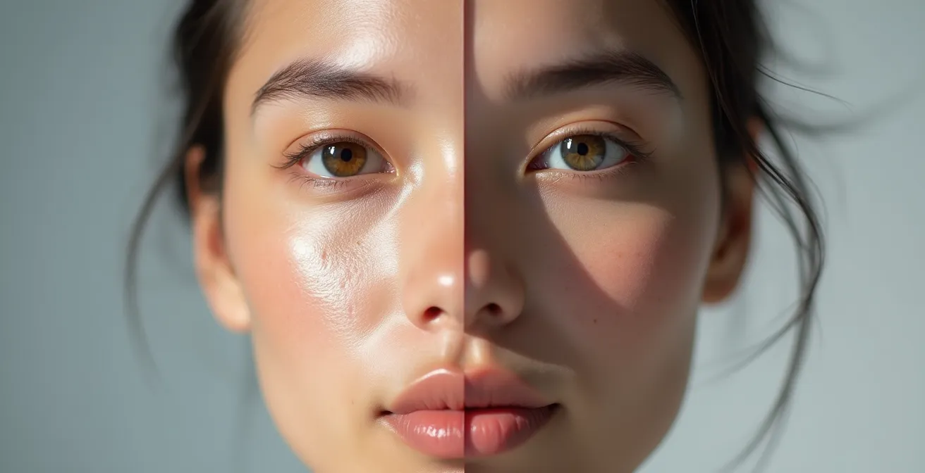 Comparación visual entre separación de frecuencias correcta e incorrecta mostrando diferencias en textura de piel