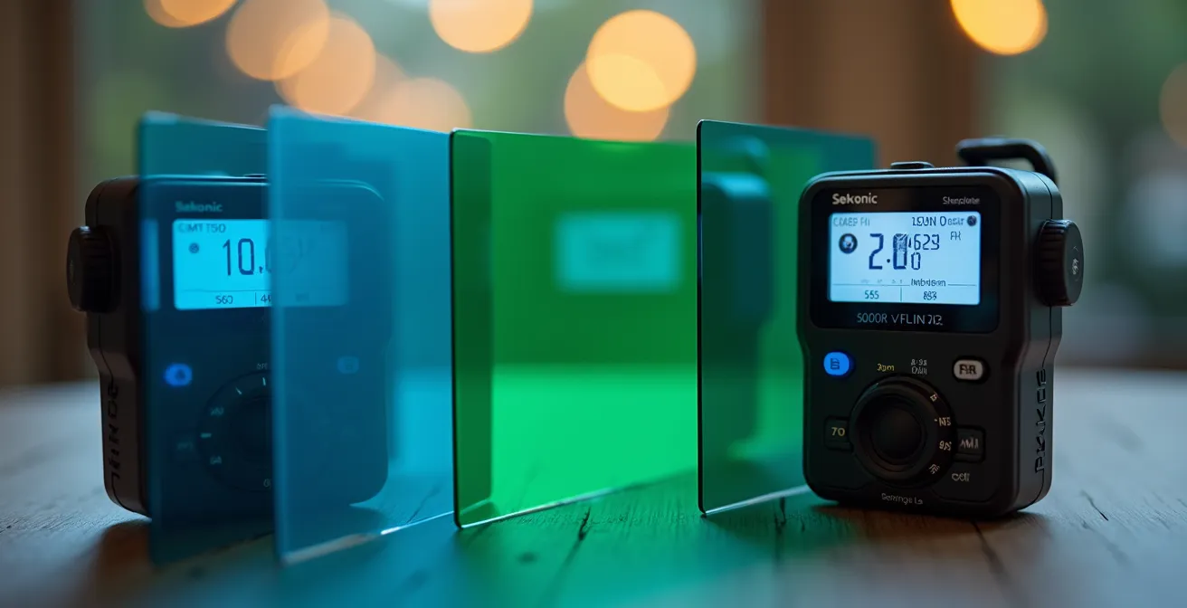 Configuración de estudio mostrando medición de temperatura de color con espectrómetro