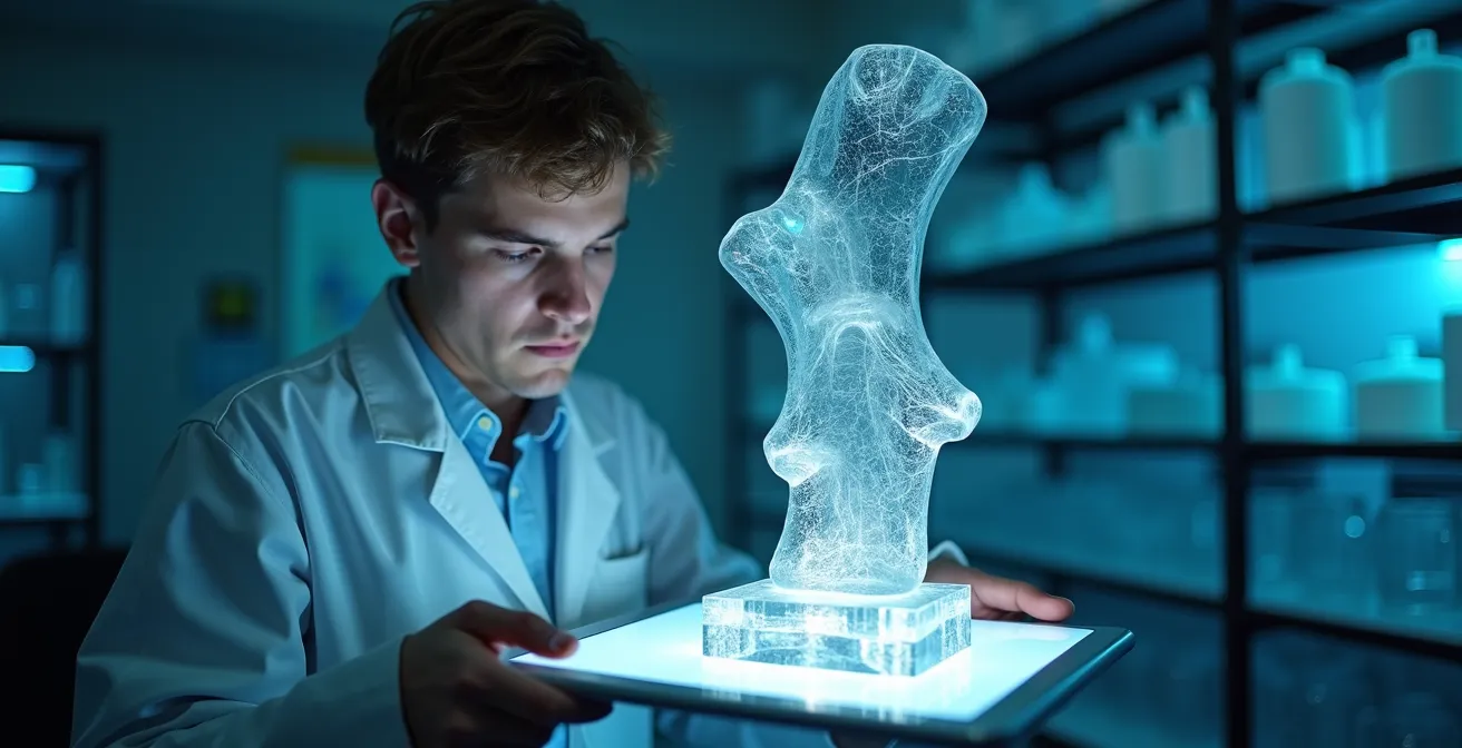 Vista de laboratorio futurista con esculturas impresas en 3D en diferentes estados de conservación