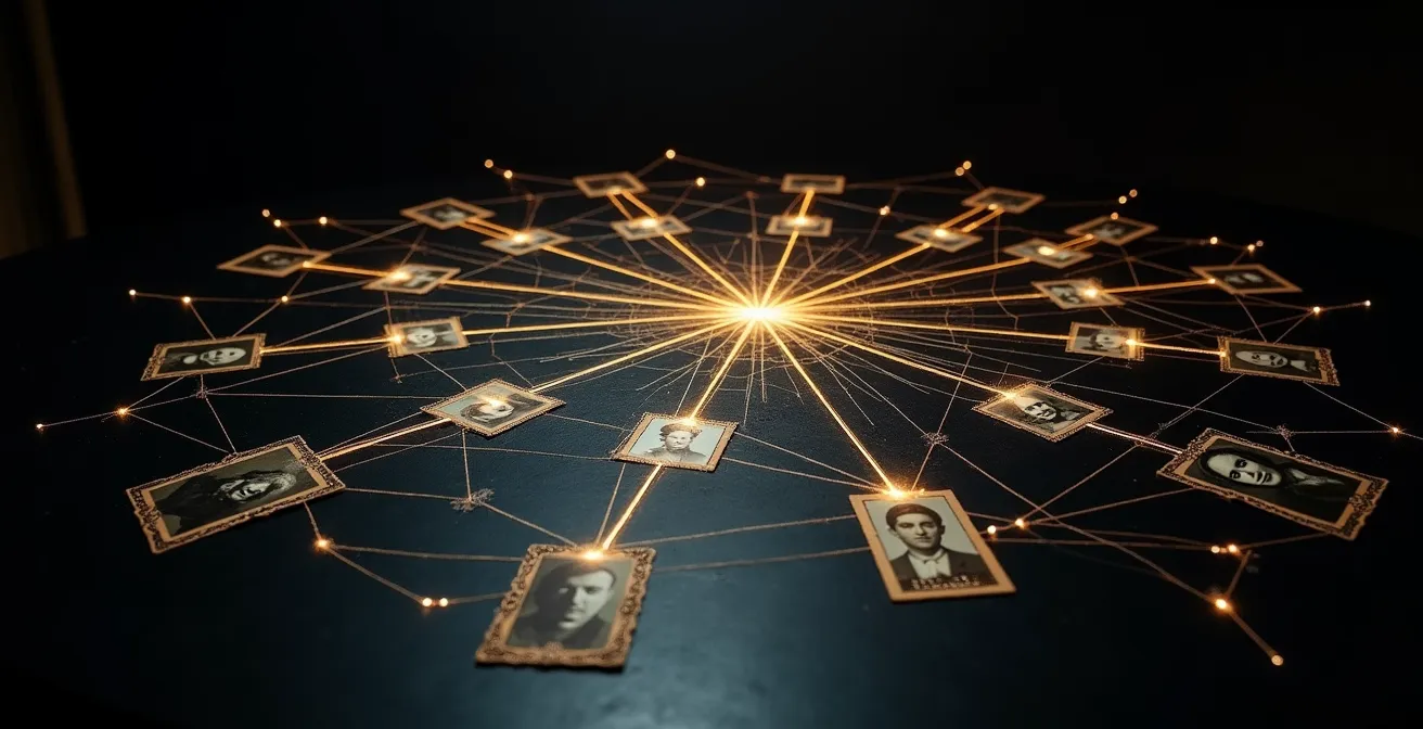 Red visual de conexiones entre artistas mujeres de diferentes continentes representada como constelación luminosa