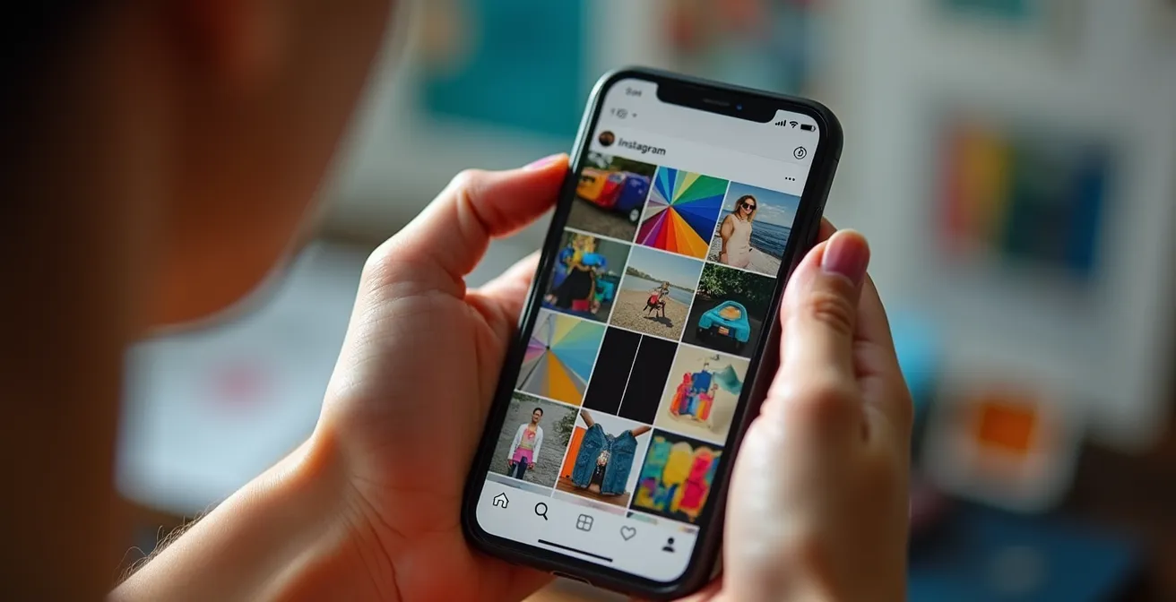 Vista de cuadrícula de un perfil de Instagram que muestra una publicación disruptiva en blanco y negro en medio de un contenido muy colorido.
