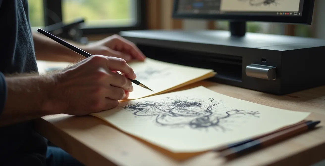 Proceso de digitalización de boceto mostrando separación de capas y texturas preservadas