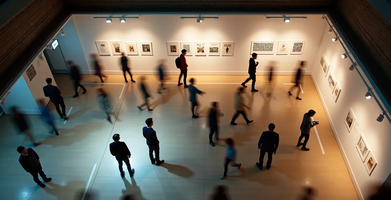 Diseño espacial de una sala de exposición mostrando el flujo de visitantes