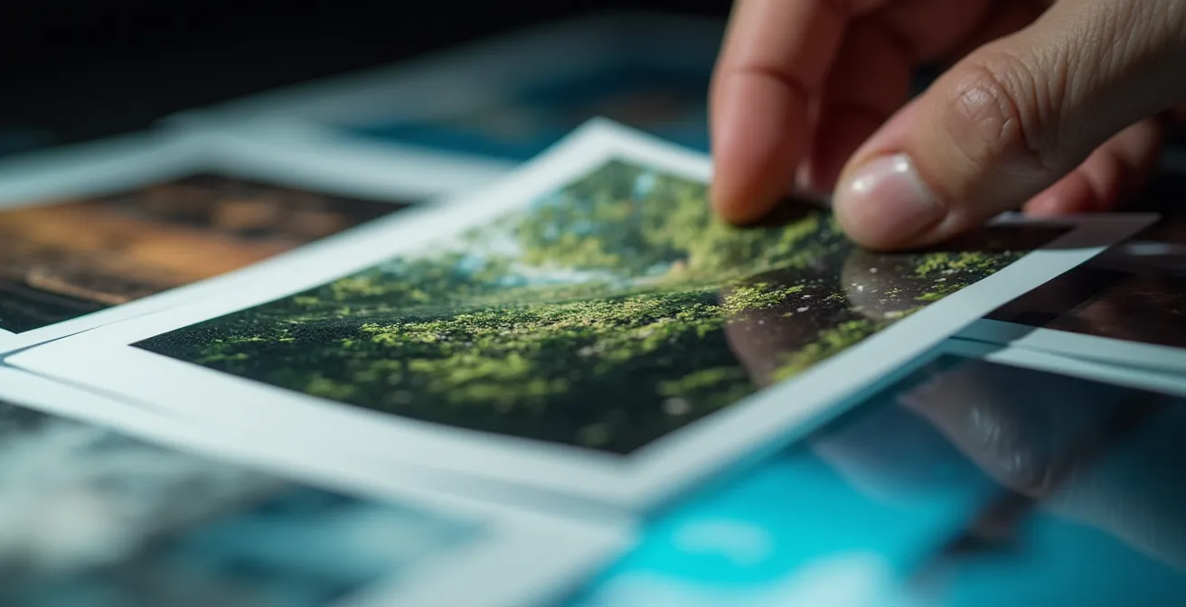 Mesa de trabajo con fotografías impresas dispersas y manos de fotógrafo seleccionando imágenes para un proyecto
