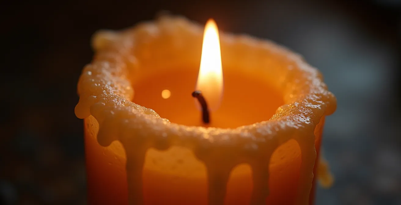 Una vela inmóvil y serena iluminando suavemente en primer plano mientras sombras caóticas danzan en el fondo