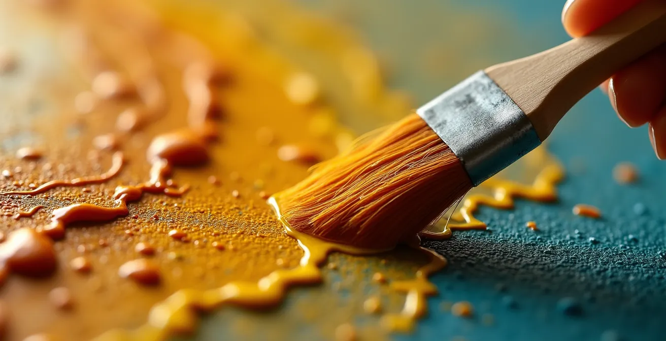 Detalle macro de superficie de pintura antigua mostrando capas de barniz y pigmento durante proceso de limpieza