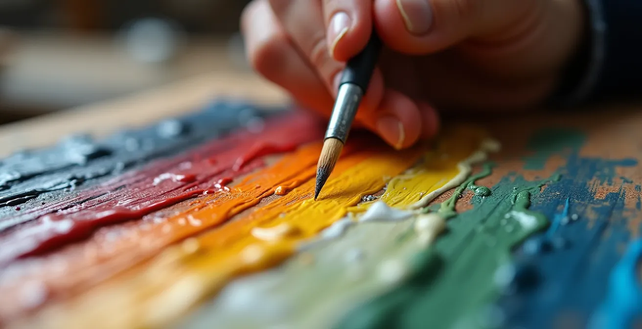 Manos de artista mezclando colores sutiles en paleta con pinceladas delicadas