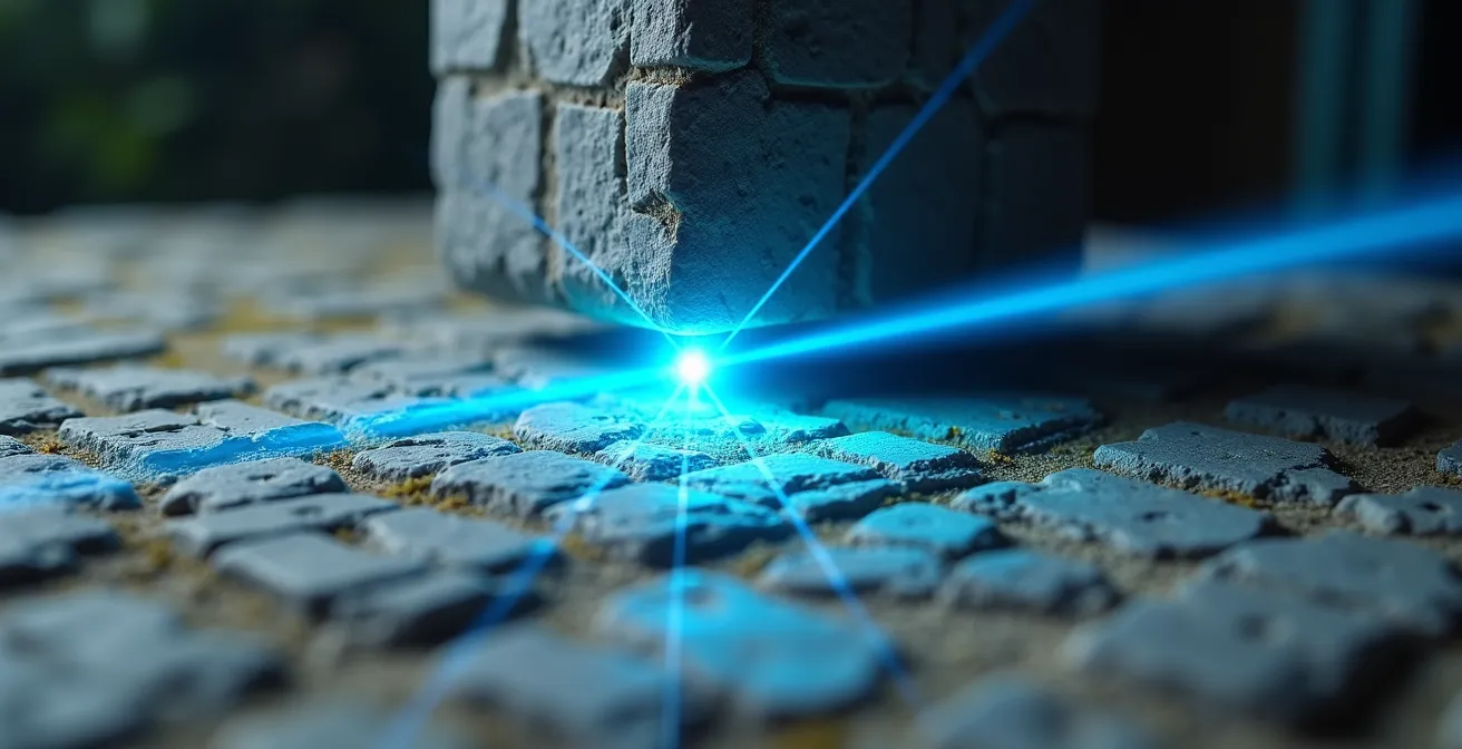 Primer plano de escáner láser capturando detalles de superficie arqueológica con haces de luz azul