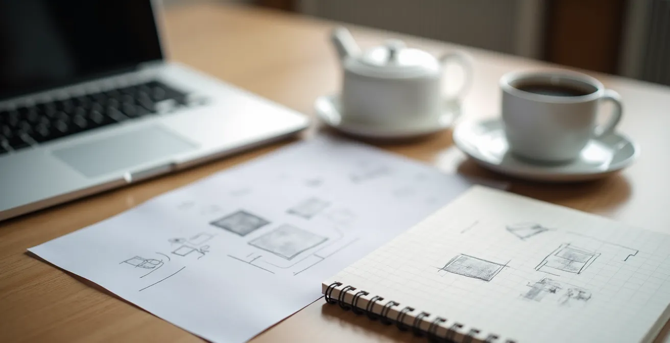 Escritorio minimalista con laptop mostrando borrador de email y portfolio impreso al lado