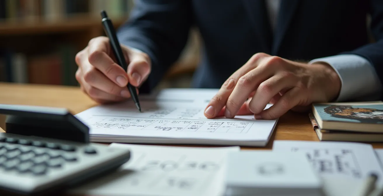 Espacio de trabajo minimalista con documentos de análisis de arte y dispositivos para pujas online