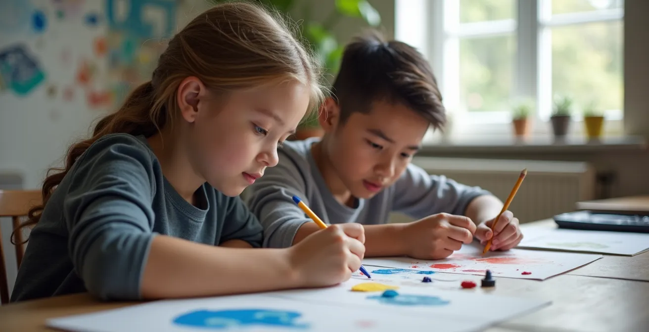 Grupo diverso de estudiantes trabajando en diferentes niveles del mismo proyecto artístico
