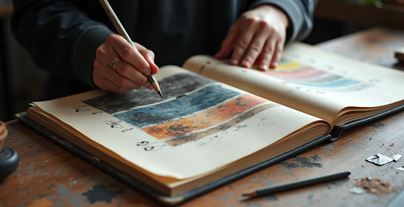 Mesa de trabajo de artista con libros de arte abiertos mostrando diferentes estilos y bocetos propios