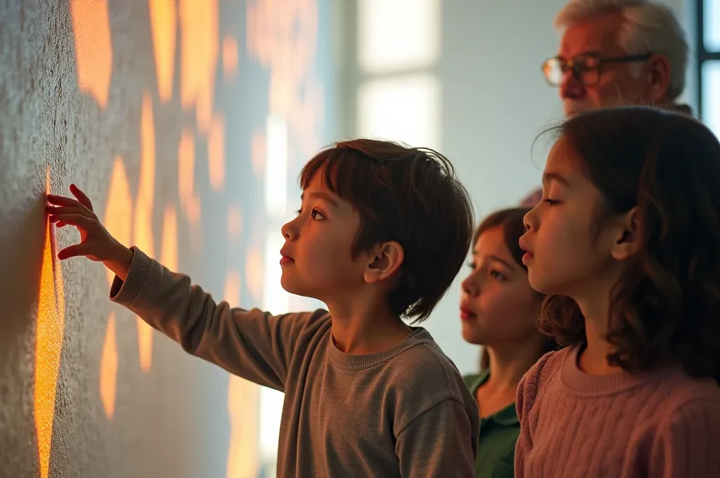 Visitantes de museo interactuando con instalación artística a diferentes niveles de comprensión