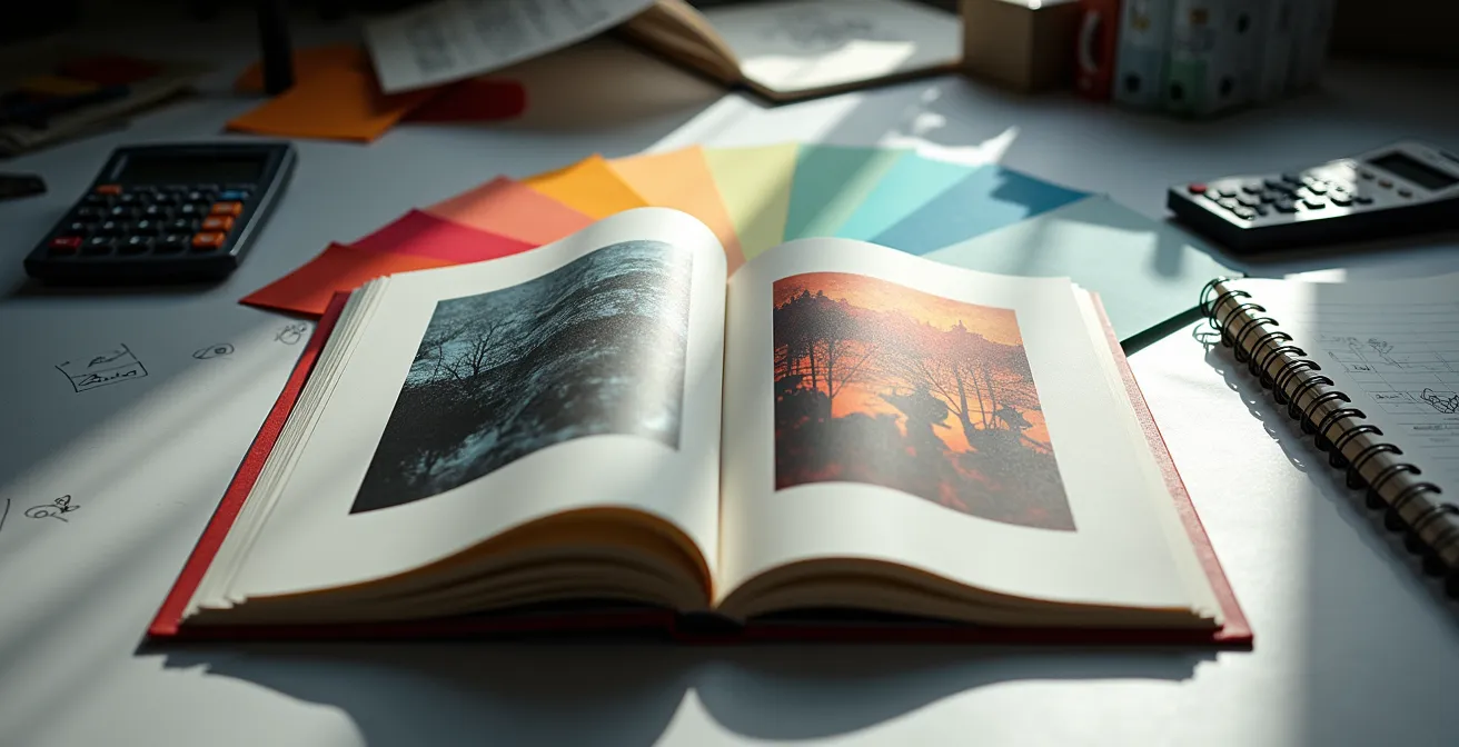 Fotolibro artesanal abierto mostrando páginas con fotografías abstractas y materiales de producción editorial