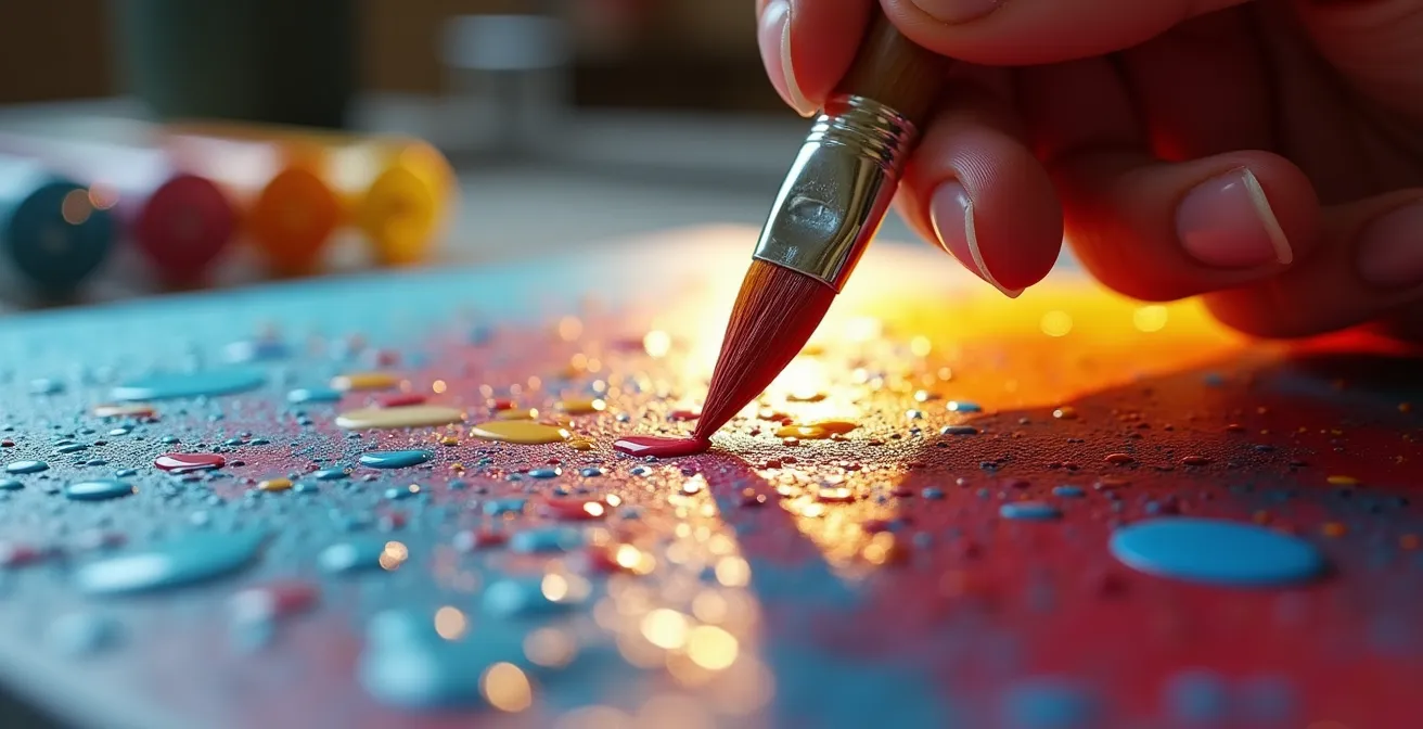 Artista trabajando en óleo con influencias de estética digital y glitch art