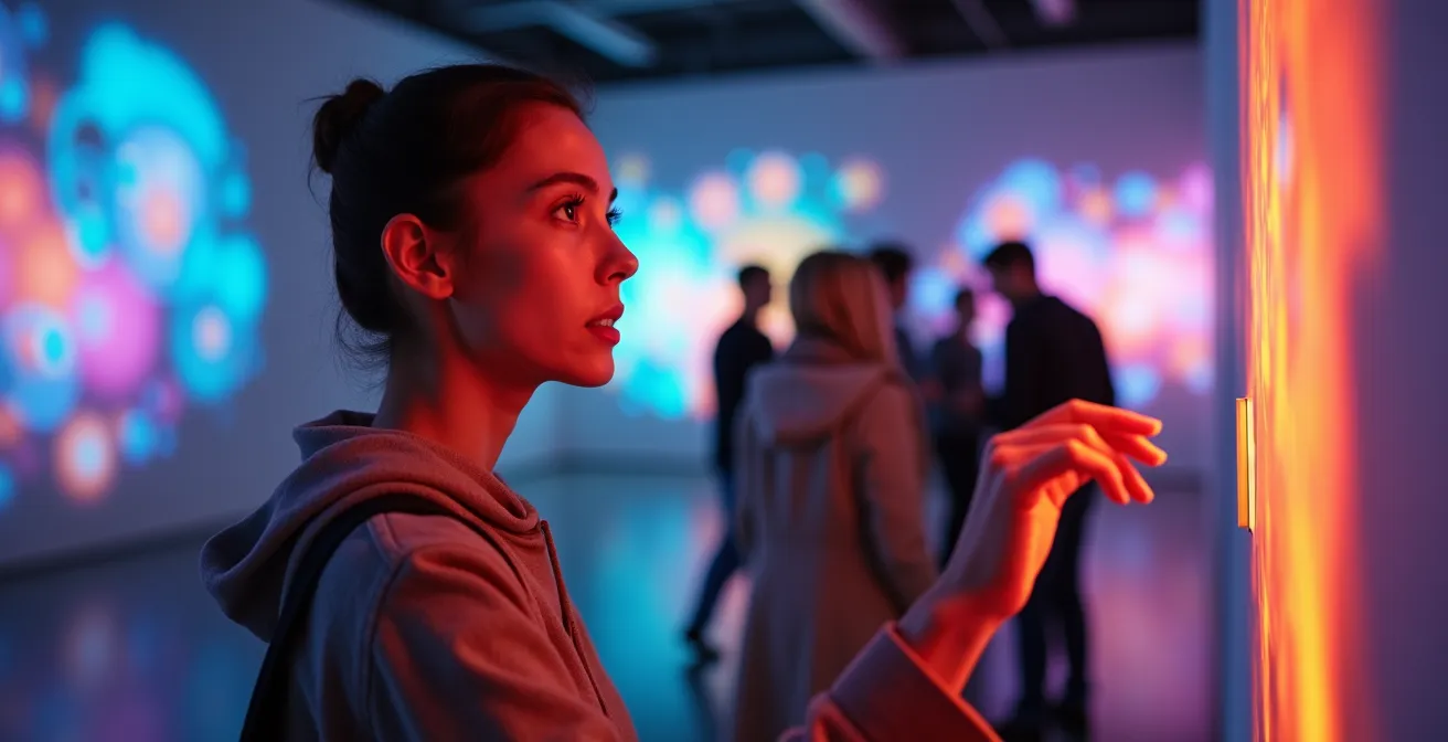 Galería de arte minimalista con instalaciones digitales luminosas y visitantes interactuando