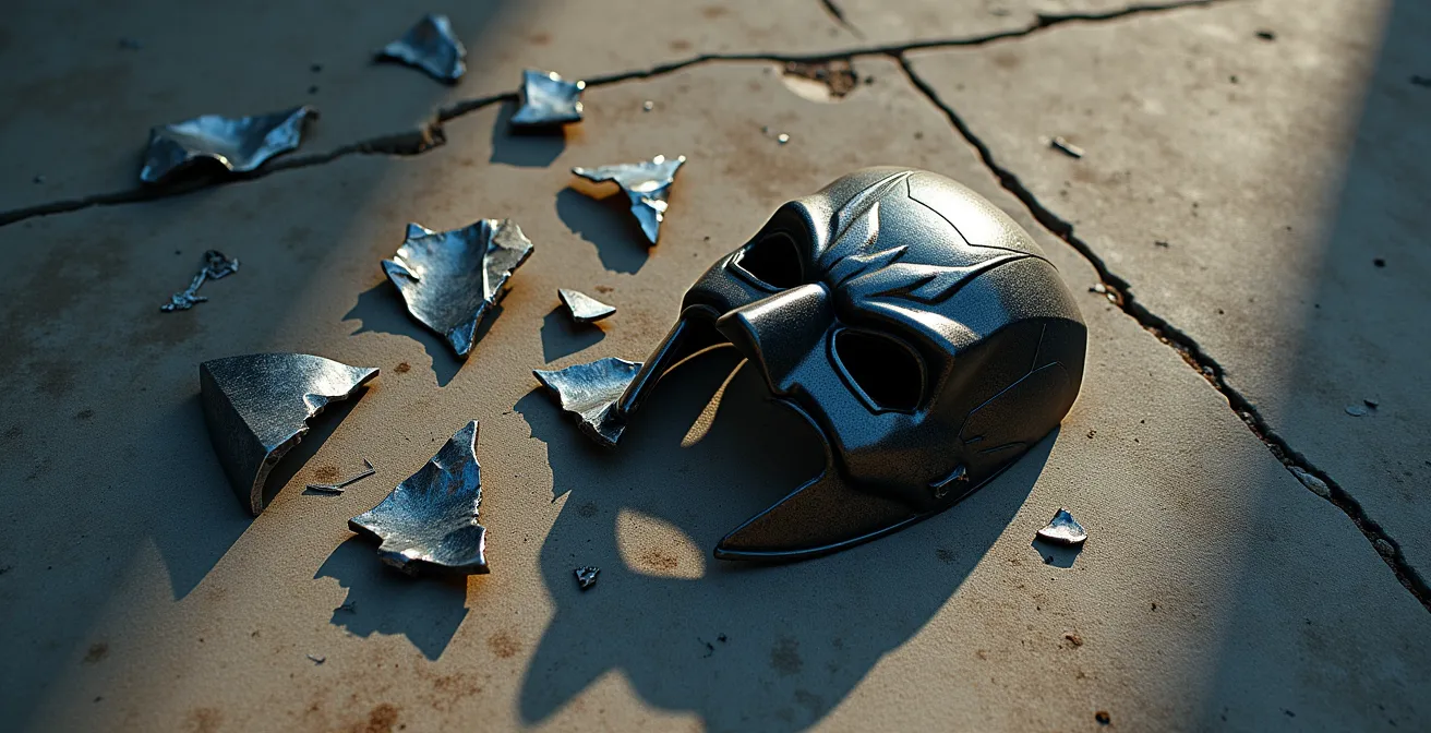 Máscara de superhéroe fragmentada simbolizando la deconstrucción del héroe