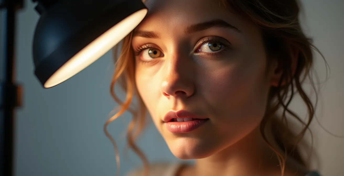 Setup de iluminación clamshell con luz cenital y relleno inferior para retrato