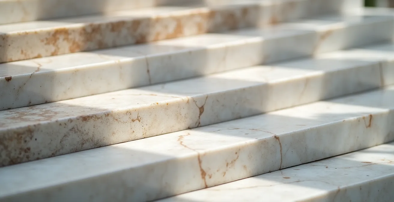 Vista macro de escalones de mármol simbolizando el ascenso en el mundo del arte