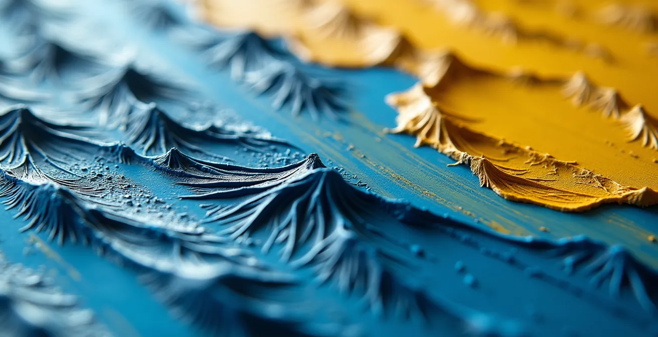 Fotografía macro extrema de pinceladas y texturas de pintura al óleo sobre lienzo, mostrando el volumen y el color.