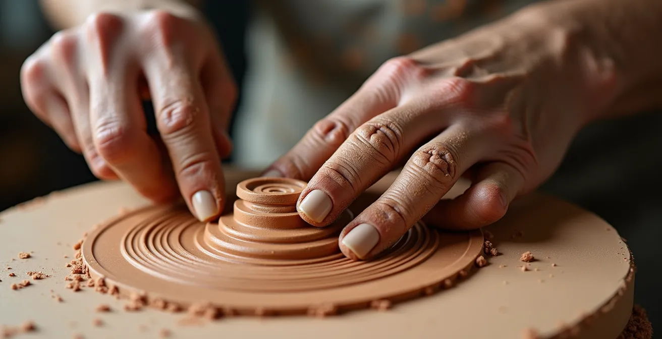 Manos de artesano trabajando con herramientas impresas en 3D sobre arcilla fresca