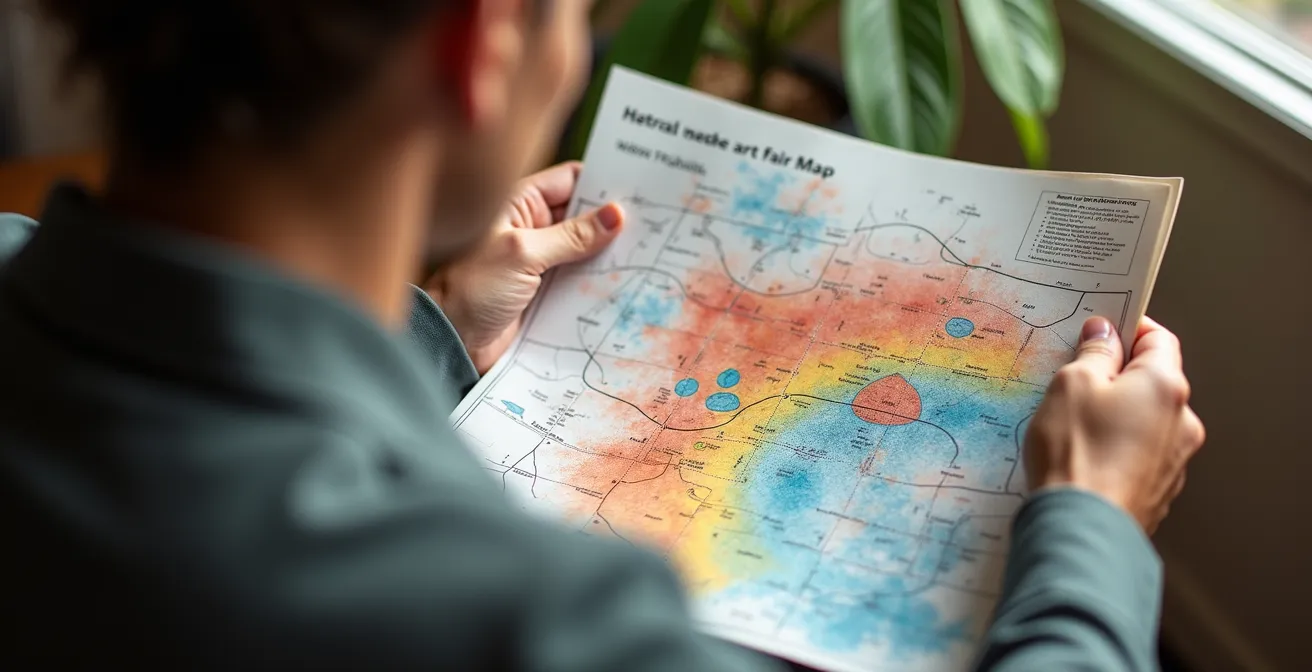 Persona estudiando un mapa detallado de feria con anotaciones y marcadores de colores