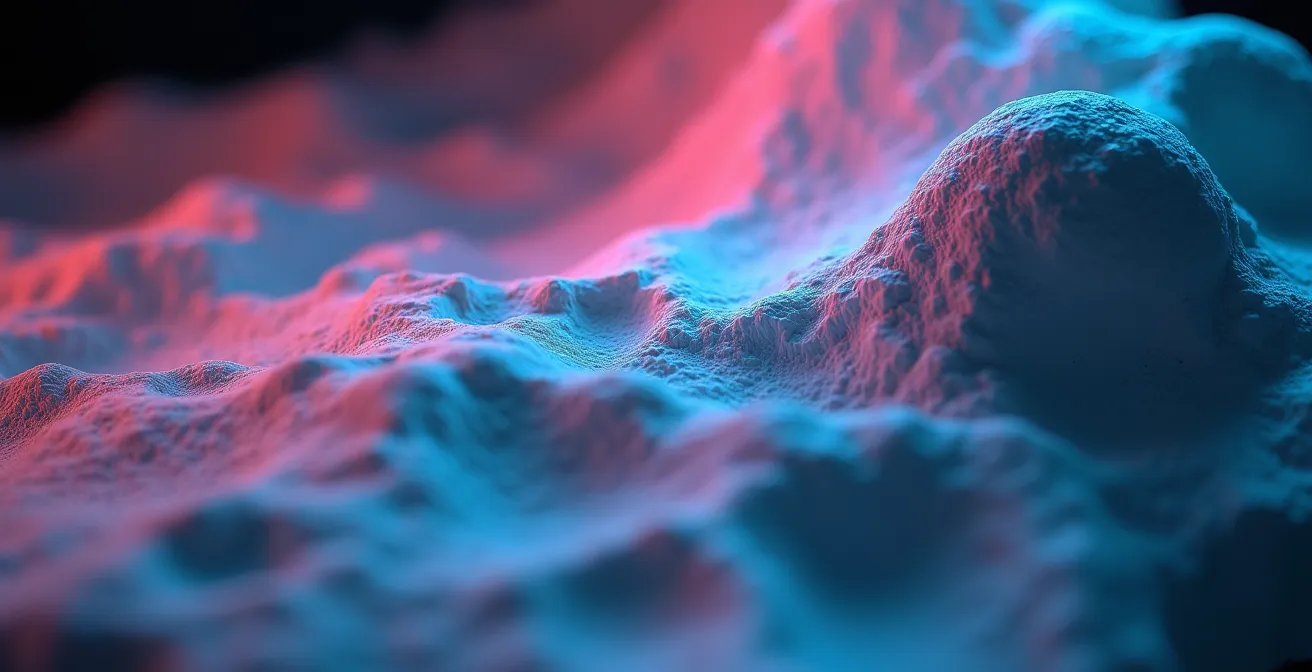 Sistema de proyección mapping calibrándose sobre superficie escultórica irregular con patrones de prueba