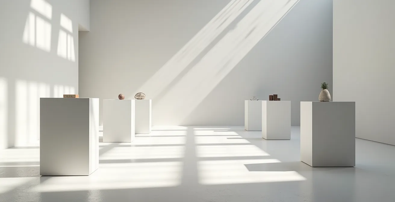 Interior minimalista de galería de arte de lujo con obras maestras contemporáneas