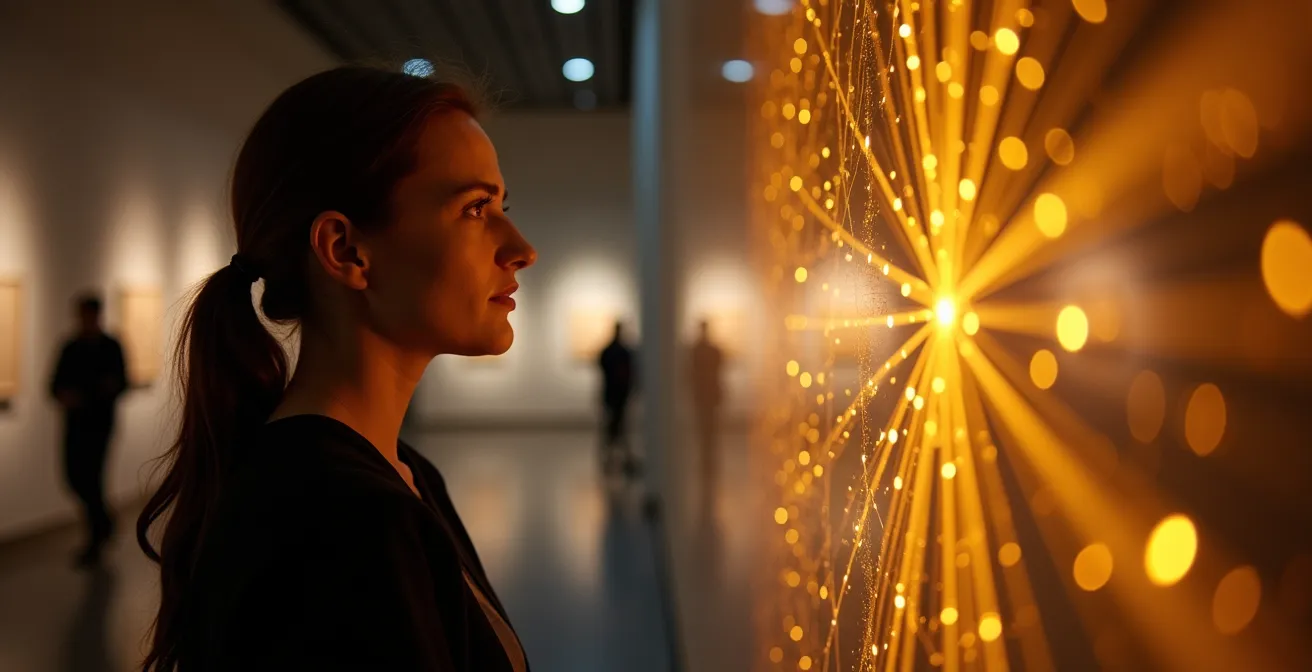 Persona observando un espacio museístico con representación abstracta de conexiones neuronales