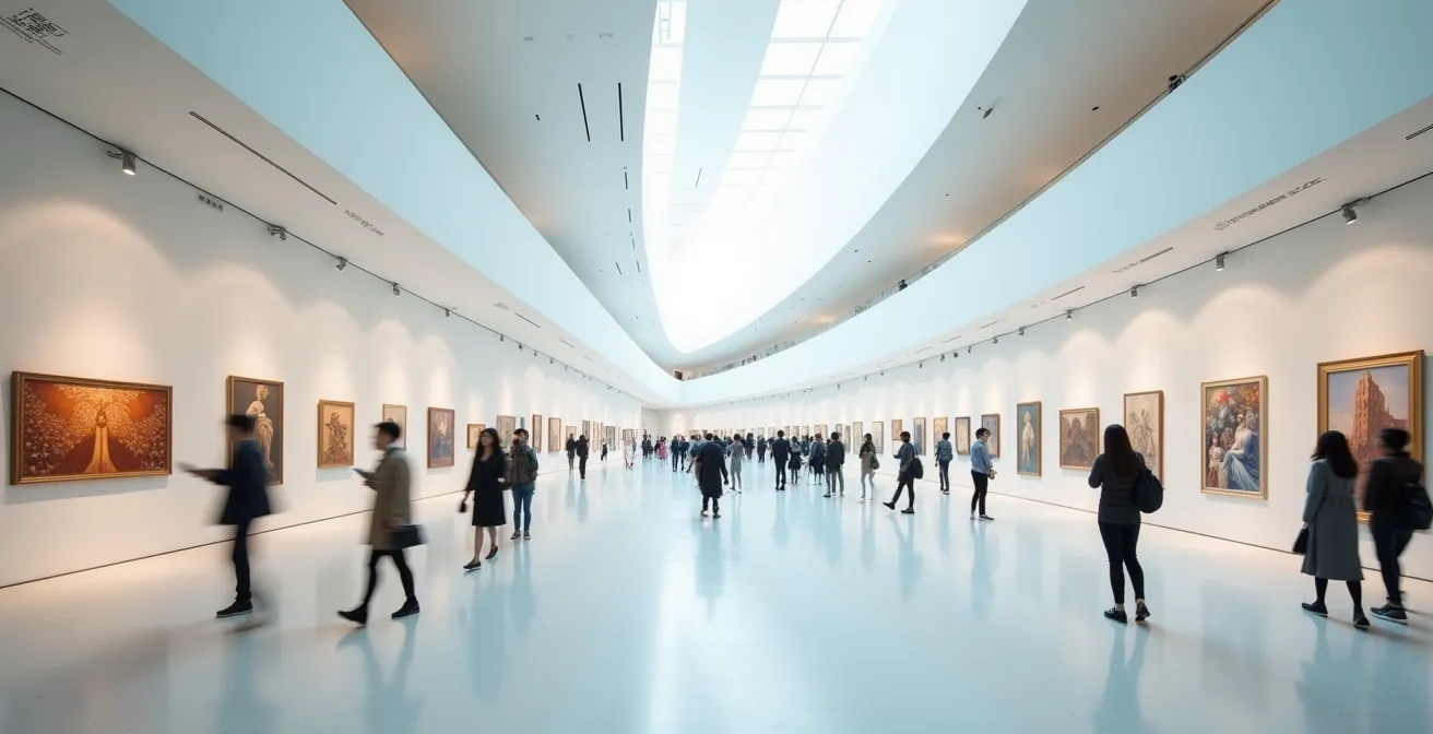 Vista panorámica de una feria de arte asiática moderna con arquitectura futurista