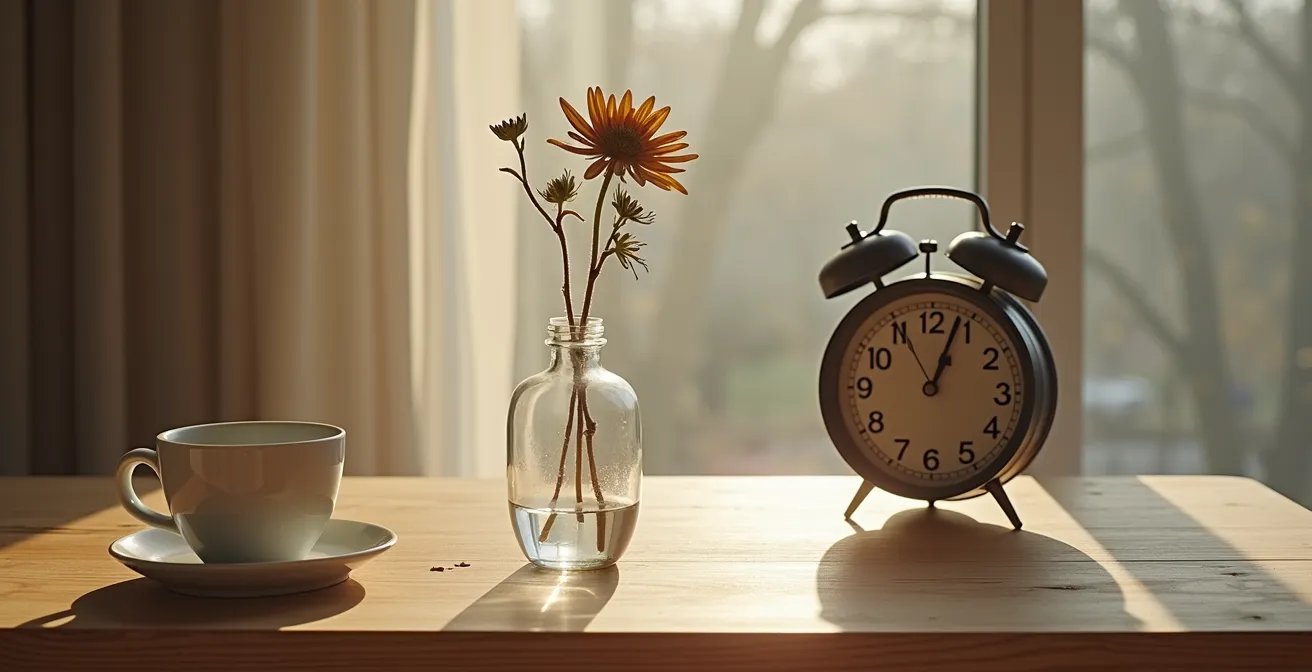 Composición minimalista de objetos domésticos dispuestos con intención simbólica sobre superficie neutra