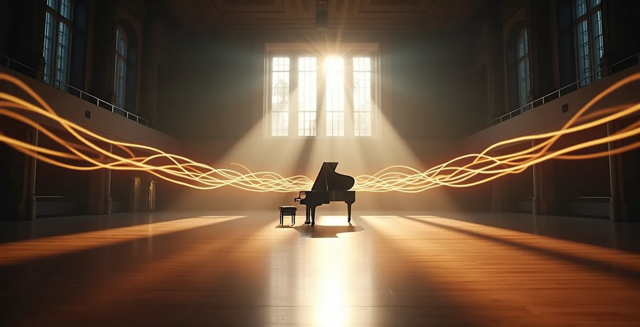 Representación visual abstracta de ondas sonoras entrelazadas con elementos visuales