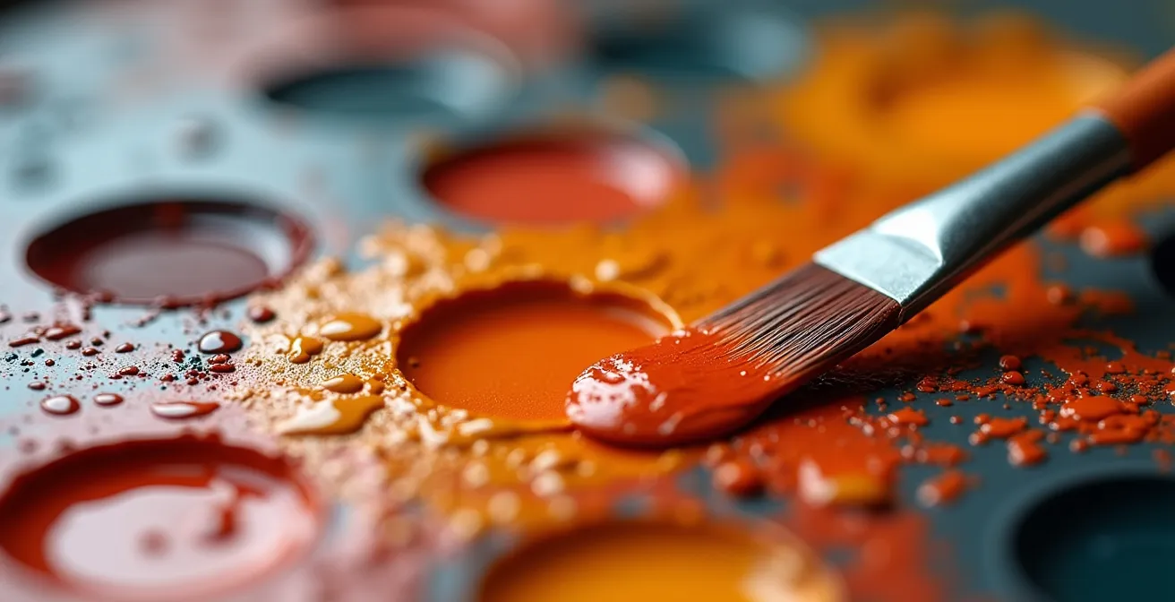 Paleta de pintor con colores restringidos y muestras de mezclas cromáticas organizadas sistemáticamente