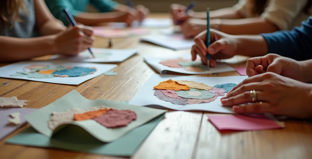 Manos de participantes creando collages y dibujos como artefactos-testimonio tras un taller museístico